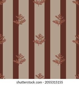 Seamless pattern wormwood on stripes brown background. Beautiful plant ornament. Geometrical texture template for fabric. Design vector illustration.