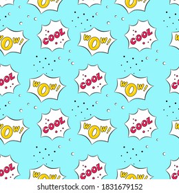 Seamless pattern with Wow and Cool Bubble speech on blue background. Suitable for comment or thinking note in Pop Art style. Vector Illustration