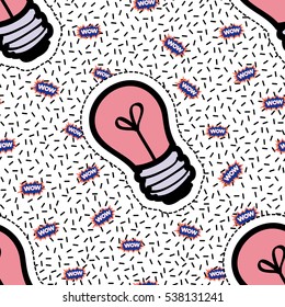 Seamless pattern with wow label and pink lamp. Cute vector art in badges, stickers, pins, patches style, inspired by cartoon comic style of 80s-90s.