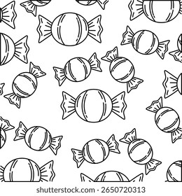 Seamless pattern of wrapped candy outline vector illustration. A repeating design ideal for backgrounds, textiles or decorative elements with sweet and festive themes.