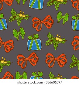Seamless pattern with wrapped gifts, bows, branches and candles