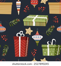 Seamless pattern with wrapped gifts, ornaments, and festive greenery. Perfect for seasonal textiles or holiday wrapping paper.