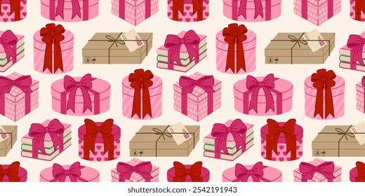 Seamless pattern with wrapped gifts in shades of pink and red, perfect for Valentine’s Day. Gift boxes with bows. Ideal for backgrounds, greeting cards, and wrapping paper designs. 14 february