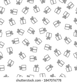 Seamless pattern wrapped surprise bag with ribbon and doodle style bow. Vector illustration on white background
