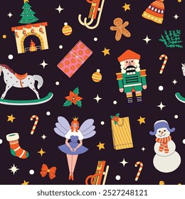 Seamless pattern for wrapping gift. New Year and Christmas. Elements, shapes. Paper.  Fireplace, snowman, gifts, fairy, Christmas tree, sleigh. Hand drawn. Doodle. Xmas. Wallpaper texture. December 25