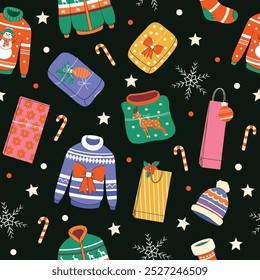 Seamless pattern for wrapping gifts. New Year and Christmas. Set of element and shapes. Paper.  Retro trendy style. Hand drawn. Doodle. Xmas. Icons. Wallpaper texture. Holiday. December 25th. Winter
