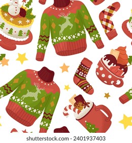 Seamless pattern for wrapping paper. Attributes of Christmas and New Year. Creating comfort in the home. Sweater, pie, socks and a sweet drink. Vector illustration.