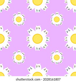 Seamless pattern for wrapping paper. Daisies with cat petals and orange-yellow stamens. A cute cat sitting on yellow flower stamens. white animal cartoon character Hand drawn minimalist style.