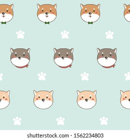 Seamless pattern or wrapping paper design of cute cartoon character Shiba inu dog face with white paw on a green color background. Flat cartoon vector illustration.