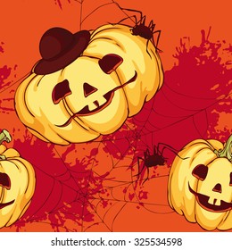 seamless pattern, wrapping paper with funny pumpkins and spiders