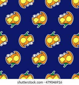 seamless pattern, wrapping paper - halloween orange pumpkins with cap, two yellow eyes and three teeth on a violet background