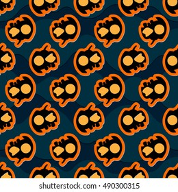 seamless pattern, wrapping paper - halloween black, orange pumpkins with cap, two orange eyes and three teeth on a dark blue waving background