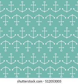 Seamless Pattern Wrapping paper, textile template. Ship anchor in shapes of heart. Nautical sign symbol. Blue background. Flat design. Vector illustration.