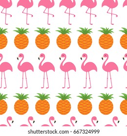 Seamless Pattern Wrapping paper, textile template. Pineapple Pink flamingo set. Exotic tropical bird. Zoo animal kids collection. Cute cartoon character Flat design. White background Isolated Vector