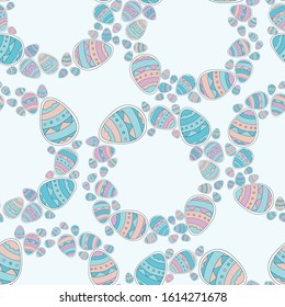 Seamless pattern with wreath of Easter eggs. Cute vector doodle illustration isolated on bright  blue background. Scandinavian style. Design for print, textile, fabric.
