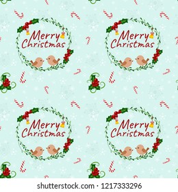 Seamless pattern wreath and little bird with snowflake background.