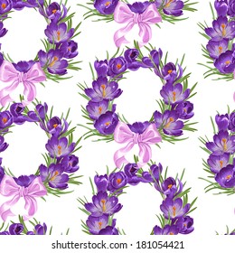 Seamless pattern from wreath of purple spring crocus with pink ribbon bow