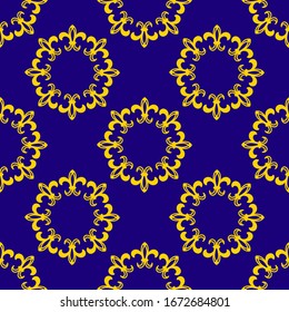 Seamless pattern with wreaths of abstract elements. Yellow figures on a blue background. Vector illustration.