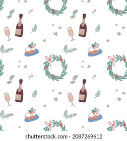 Сhristmas seamless pattern with wreaths and champagne. Vector in flat style
