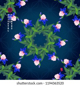 Seamless pattern of wreaths with flowers of iris in oriental style