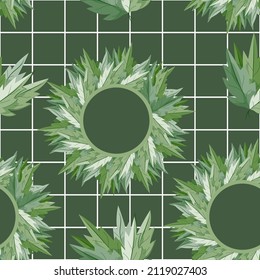 Patrón sin foco con coronas de hojas y enrejado blanco sobre un fondo verde. Ilustración del vector
