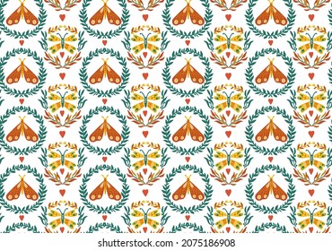 Seamless pattern with wreaths and lunar moths in green and orange colors. Folk Sknavinsky style. Boho. Vector illustration. Suitable for textiles, tissue, wrapping paper, covers and clothes