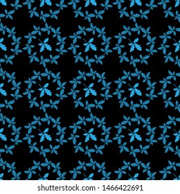 Seamless pattern with wreaths of oak blue leaves. Summer or spring background for the design of business cards, invitations, banners. For a wedding or for paper. Black background