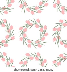 Seamless pattern with wreaths of pink flowers. Summer and spring wreaths for decoration or decoration. Symbol Kupala Night. White background