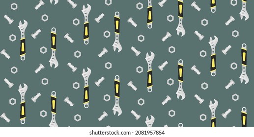 Seamless pattern with wrench, bolts and nuts. Vector in a flat style.