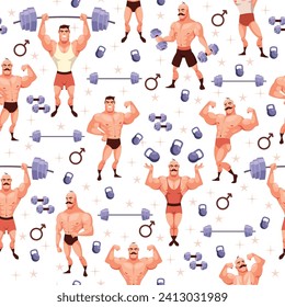 Seamless pattern with wrestlers. Cartoon bodybuilder characters. Funny men with with dumbbells, decor textile, wrapping paper, wallpaper design. Fitness print for fabric. Vector concept