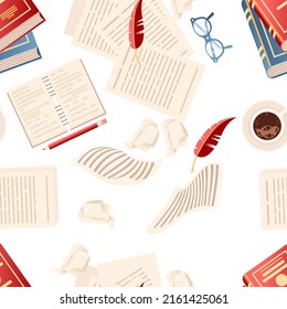 Seamless pattern Writer's workplace with books papers and feather top view vector illustration on white background