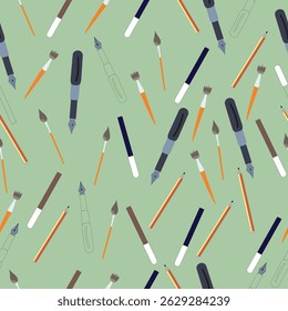 Seamless pattern with writing tools; brush, pen and fountain pen continuous pattern