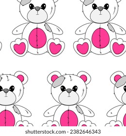 Seamless pattern with Wrong and Raped Teddy Bear toy. White pink Emo Goth background. Gothic aesthetic in y2k style. Vector illustration