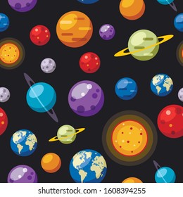 Seamless pattern wth solar system planets on black background. Sun and planetary vector illustration