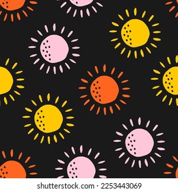 Seamless pattern wtih colorful sun and black background