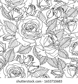 Seamless pattern wuth black roses on a white background.