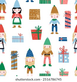 Seamless pattern with xmas elf and gifts. Seasonal background for wrapping papers, textile. Vector illustration