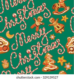 Seamless pattern with xmas gingerbread - cookies in people, star, horse and fir-tree branches. Hand written candy calligraphic text Merry Christmas on green background. Element for holiday Card design