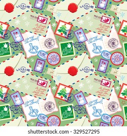 Seamless pattern with xmas stamps, envelops, labels, cards, hand written texts, Christmas and New Year postage background for winter holidays design.
