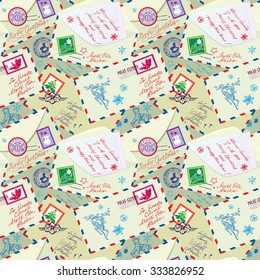 Seamless pattern with xmas stamps, envelops, labels, cards, hand written texts, Christmas and New Year postage background for winter holidays design.