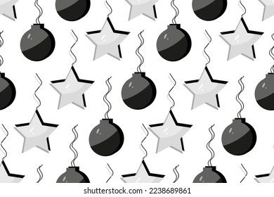 Seamless pattern with xmas star, balls on the ribbon. Cut out paper new year backdrop. Wallpaper or bed linen print.