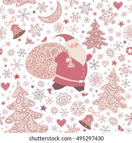 Seamless pattern with Xmas trees, moon, stars, bells, hearts and snowflakes .Santa Claus with sack of Christmas gifts. Christmas holiday lace background. Vector illustration.