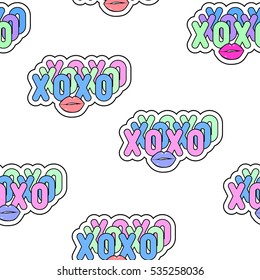 Seamless pattern with 'xoxo' abbreviation text and kiss, lips symbols. Patch badges fashion template. Isolated on white background.