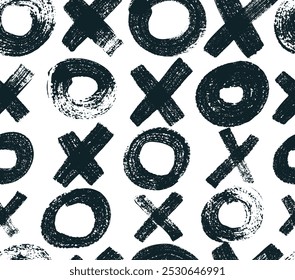 Seamless pattern XOXO black and white. Pattern abstract black XOXO background with tic tac toe. Vector bold brush drawn crosses, circles bright banner. Texture brush with symbols of zero and crosses.