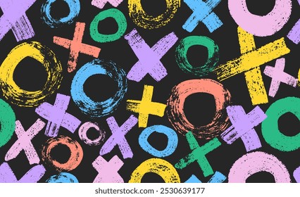 Nahtloses Muster XOXO gefärbt. Vektorfett Pinsel gezeichnet Kreuze, Kreise helle Farbe Banner. Muster abstrakte bunte XOXO Hintergrund mit Tic Tac Toe. Texturpinsel mit Symbolen von Null und Kreuzungen.