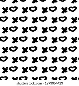 Seamless pattern XOXO with hearts on white background. Hugs and kisses abbreviation symbol. Grunge hand written brush lettering XO. Easy to edit template for Valentine’s day. Vector illustration.