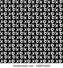 Seamless pattern XOXO with hearts on black background. Hugs and kisses abbreviation symbol. Grunge hand written brush lettering XO. Vector illustration. Easy to edit template for Valentine’s day. 