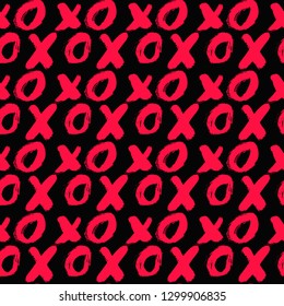 Seamless pattern XOXO on black background. XO drawn with red lipstick. Hugs and kisses abbreviation symbol. Easy to edit template for Valentine’s day. Vector illustration.