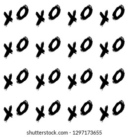 Seamless pattern XOXO on white background. Hugs and kisses abbreviation symbol. Grunge hand written brush lettering XO. Vector illustration. Easy to edit template for Valentine’s day card, fabric, etc