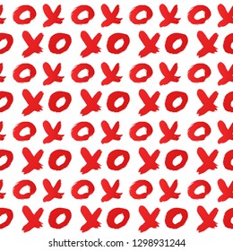 Seamless pattern XOXO on white background. XO drawn with red lipstick. Hugs and kisses abbreviation symbol. Easy to edit template for Valentine’s day. Vector illustration.
